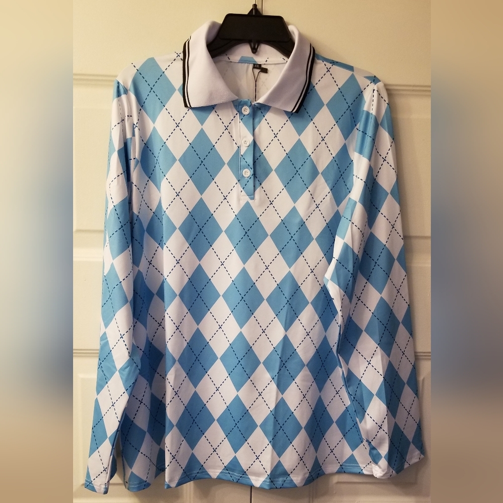 GGOV Women's Blue White Argyle 3-Button Long Sleeve Collared Shirt Size XXL NEW